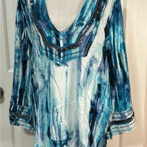 Soft Surroundings Boho Tunic Bead Design, Blue/ White Sz M Bell Sleeve Long NWT